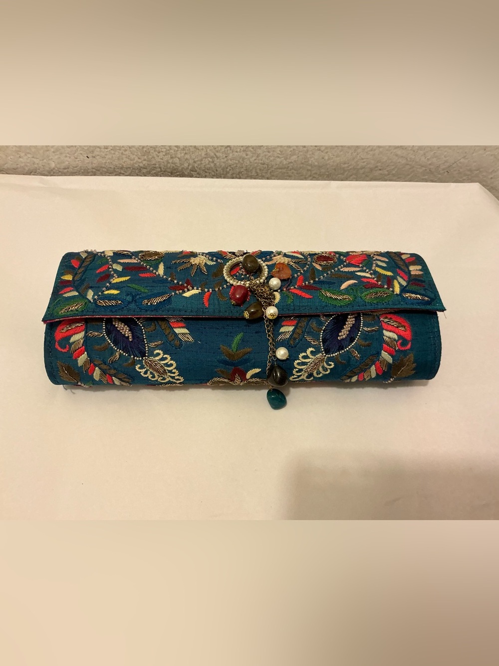 Embroidered Teal Floral Clutch with Bead Tassel
